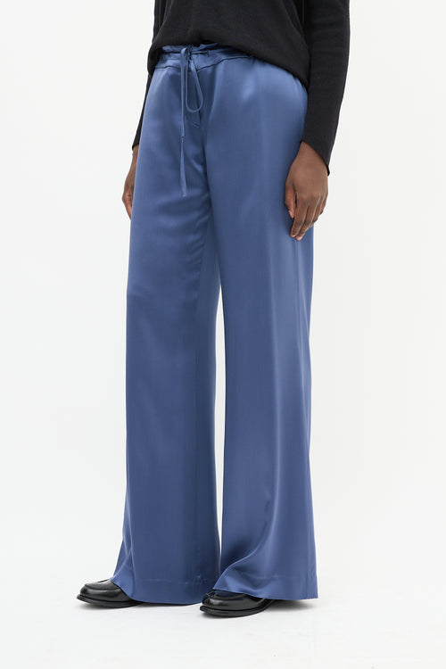 Michelle Farmer Blue Silk Drawstring Waist Straight Leg Trouser