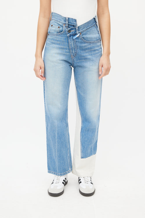 Mihara Yasuhiro Blue 
White Asymmetrical Denim Jeans