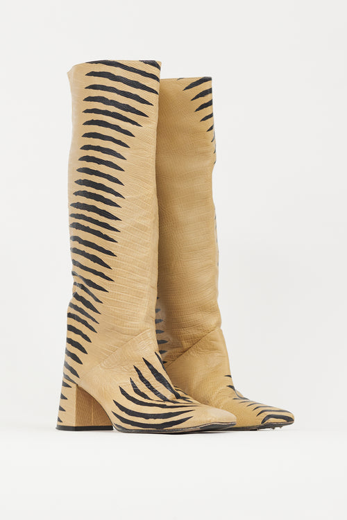 Miista Beige 
Black Embossed Leather Boot