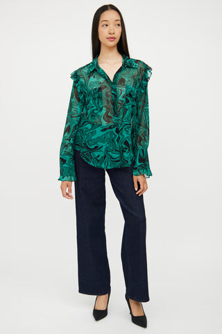 Misa Green 
Black Swirl Ruffle Blouse