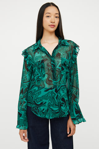 Misa Green 
Black Swirl Ruffle Blouse