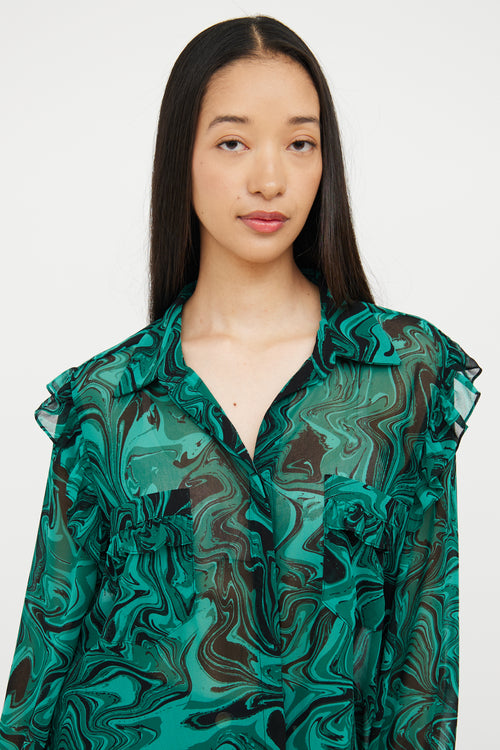 Misa Green 
Black Swirl Ruffle Blouse