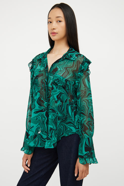 Misa Green 
Black Swirl Ruffle Blouse