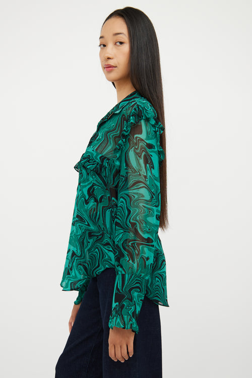 Misa Green 
Black Swirl Ruffle Blouse