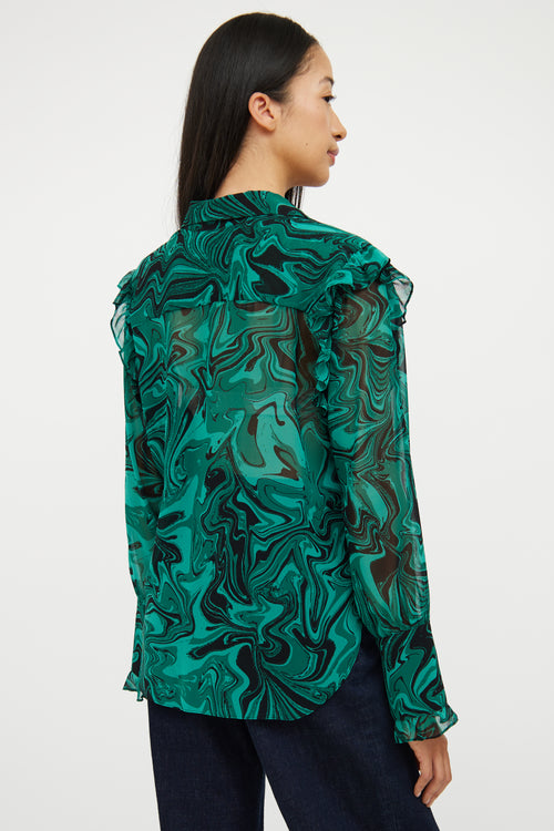 Misa Green 
Black Swirl Ruffle Blouse