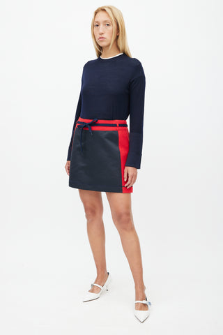 Miu Miu 1990s Navy 
Red Wool Drawstring Skirt