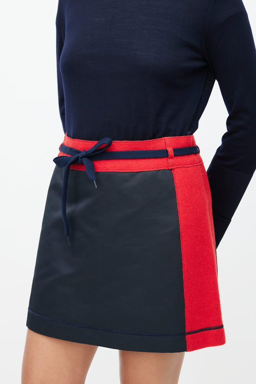 Miu Miu 1990s Navy 
Red Wool Drawstring Skirt