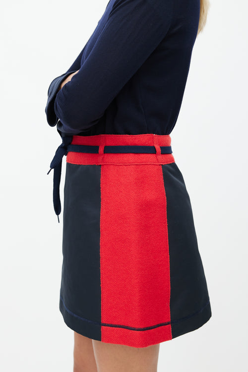 Miu Miu 1990s Navy 
Red Wool Drawstring Skirt