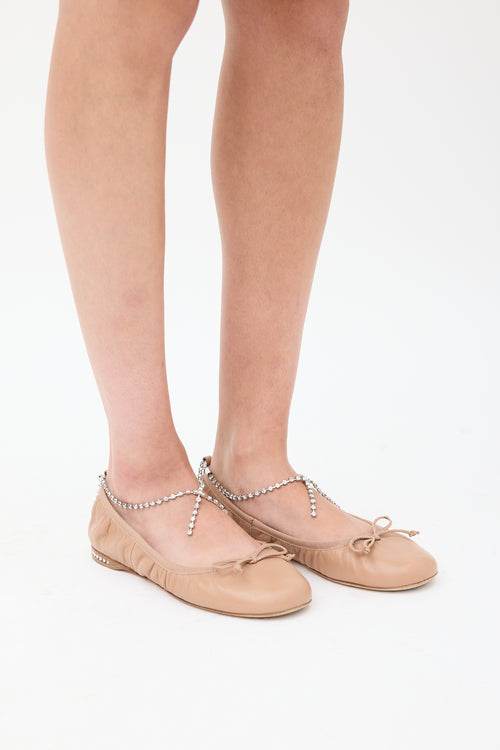 Miu Miu Beige 
Silver Leather Jewel Ballet Flat