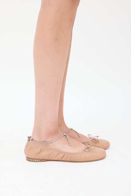 Miu Miu Beige 
Silver Leather Jewel Ballet Flat