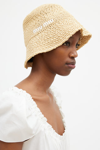 Miu Miu Beige 
White Logo Woven Bucket Hat