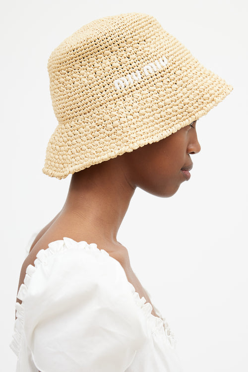 Miu Miu Beige 
White Logo Woven Bucket Hat