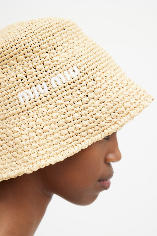 Miu Miu Beige 
White Logo Woven Bucket Hat