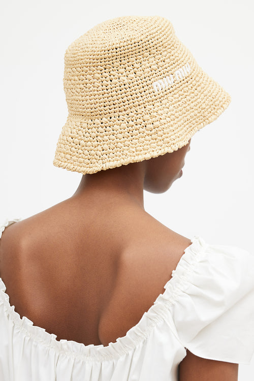 Miu Miu Beige 
White Logo Woven Bucket Hat