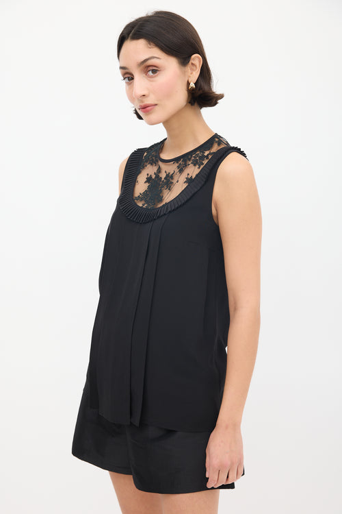 Miu Miu Black Floral Lace Panelled Pleated Top