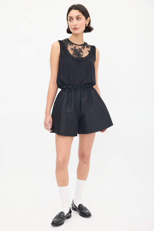 Miu Miu Black Floral Lace Panelled Pleated Top