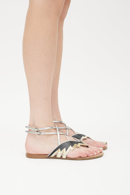 Miu Miu Black 
Multicolour Leather Metallic Strappy Sandal