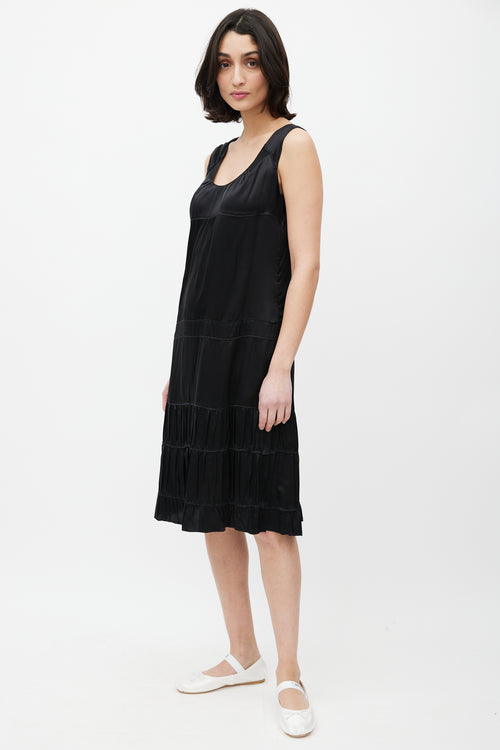 Miu Miu Black Pleated Tiered Silk Dress