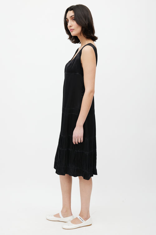 Miu Miu Black Pleated Tiered Silk Dress