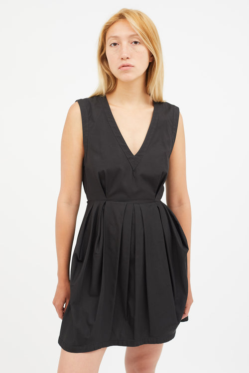 Miu Miu Black Pleated V-Neck Dress