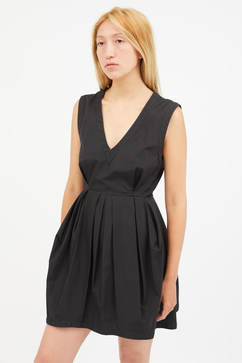 Miu Miu Black Pleated V-Neck Dress