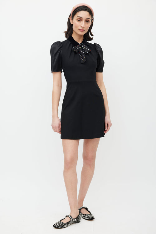 Miu Miu Black Puffed Sleeve Polka Dot Belted Dress