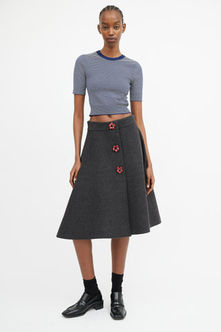 Miu Miu Dark Grey 
Red Floral Embellished Skirt