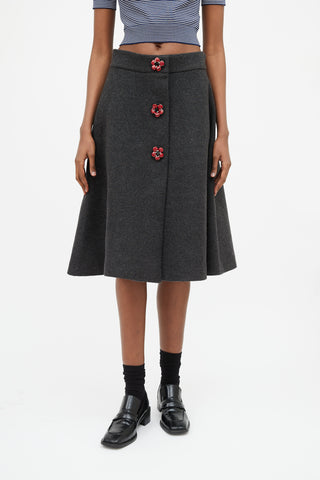 Miu Miu Dark Grey 
Red Floral Embellished Skirt