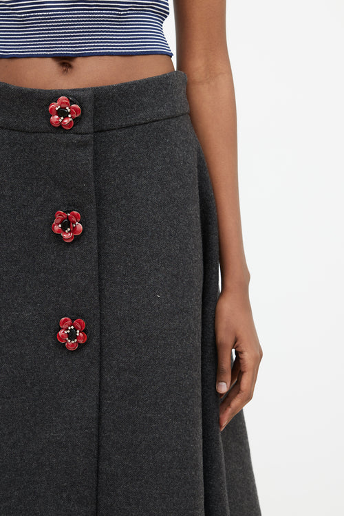 Miu Miu Dark Grey 
Red Floral Embellished Skirt