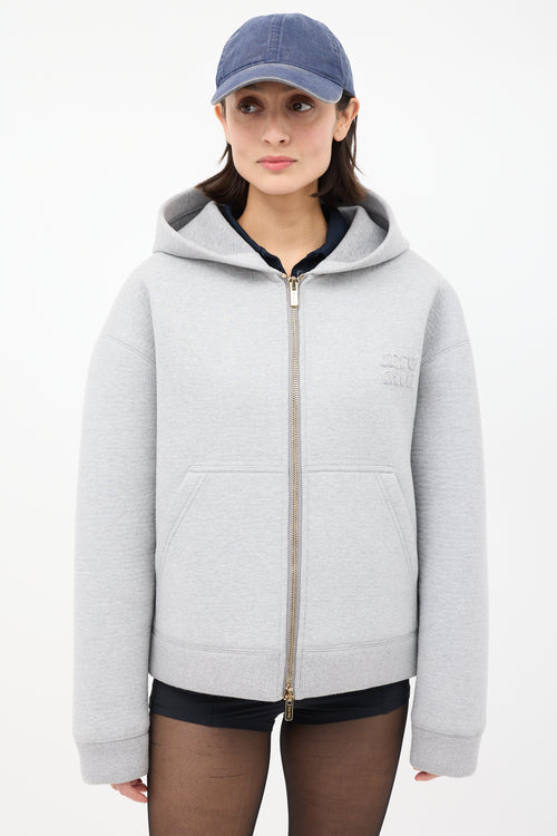 Miu Miu Heather Grey Cotton Embroidered Zip Hoodie