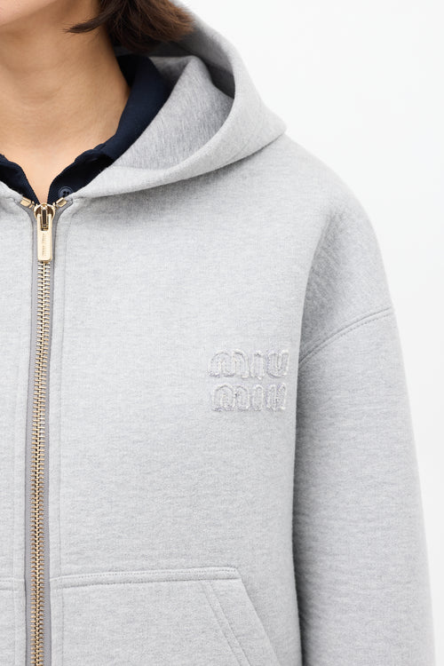 Miu Miu Heather Grey Cotton Embroidered Zip Hoodie