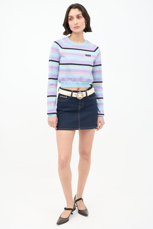 Miu Miu Light Blue 
Multicolour Sparkly Striped Cropped Sweater