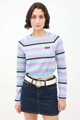 Miu Miu Light Blue 
Multicolour Sparkly Striped Cropped Sweater