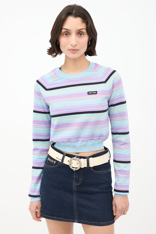 Miu Miu Light Blue 
Multicolour Sparkly Striped Cropped Sweater