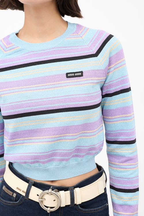 Miu Miu Light Blue 
Multicolour Sparkly Striped Cropped Sweater