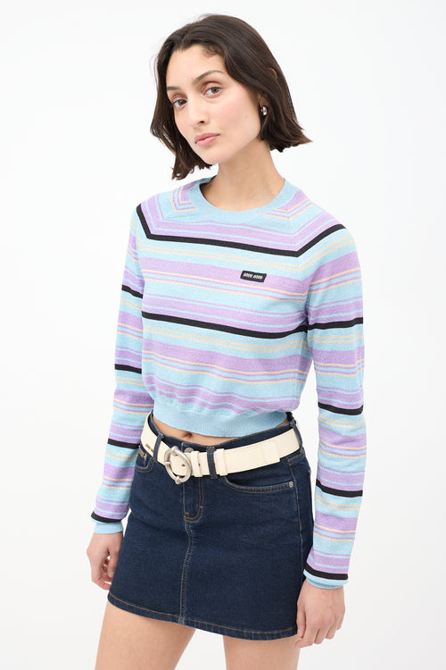 Miu Miu Light Blue 
Multicolour Sparkly Striped Cropped Sweater