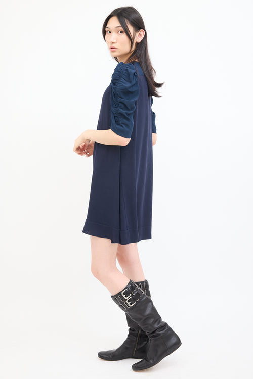 Miu Miu Navy Ruched Half Sleeve Mini Dress