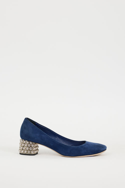 Miu Miu Navy 
Silver Suede Jewel Pump