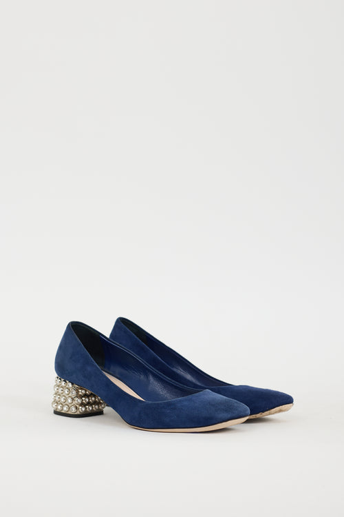 Miu Miu Navy 
Silver Suede Jewel Pump