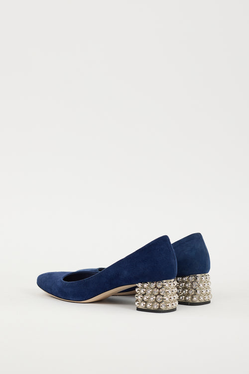 Miu Miu Navy 
Silver Suede Jewel Pump