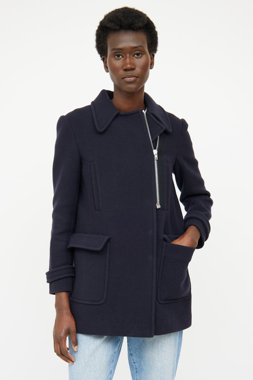 Miu Miu Navy Wool Pleated Pea Coat