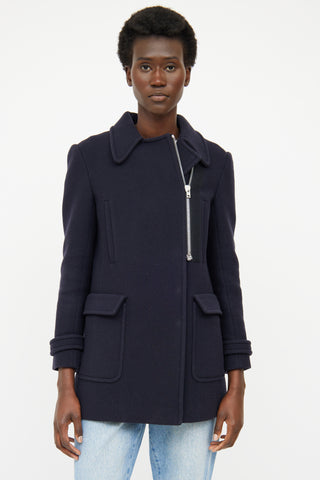 Miu Miu Navy Wool Pleated Pea Coat