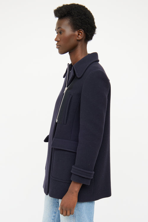 Miu Miu Navy Wool Pleated Pea Coat