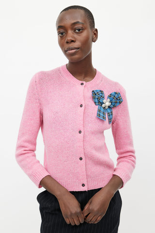 Miu Miu Pink Knit Bow Brooch Cardigan