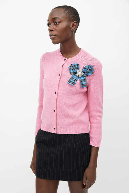 Miu Miu Pink Knit Bow Brooch Cardigan