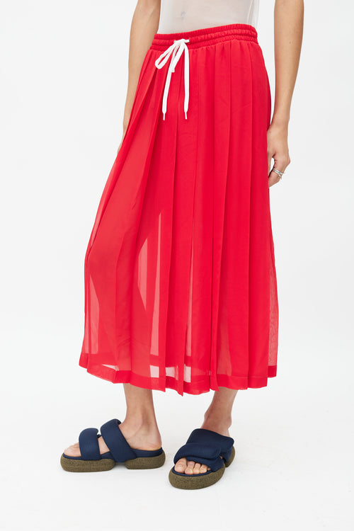 Miu Miu Red Silk Pleated Drawstring Skirt