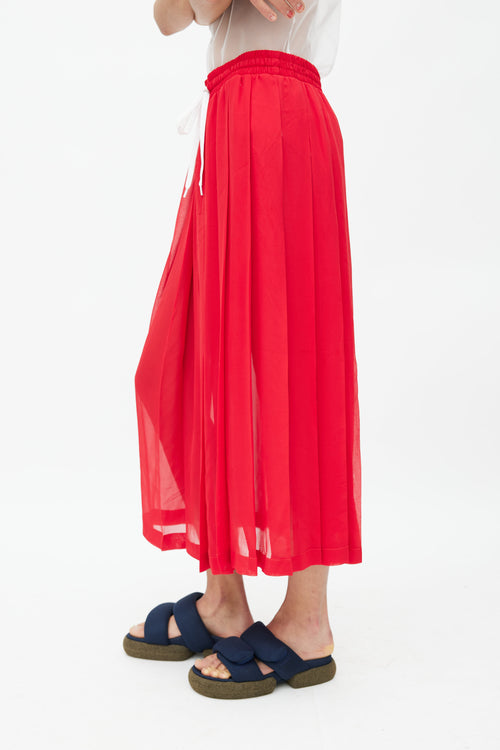 Miu Miu Red Silk Pleated Drawstring Skirt