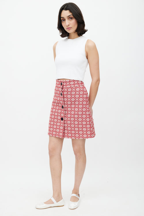 Miu Miu Red 
White Floral Woven Skirt