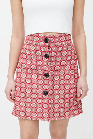 Miu Miu Red 
White Floral Woven Skirt