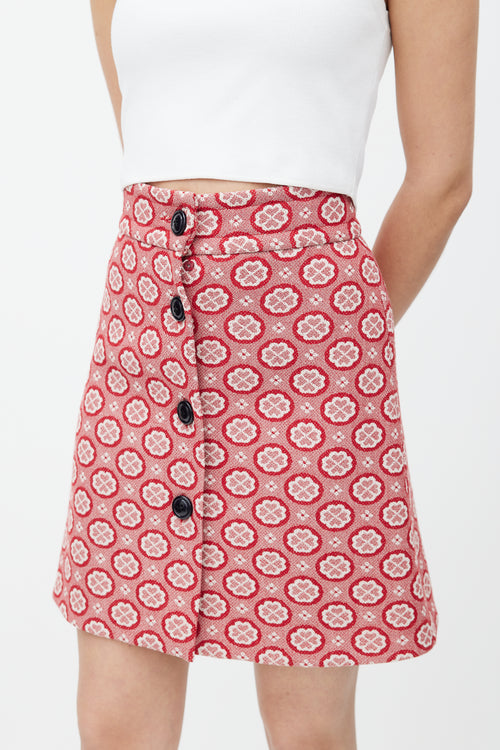 Miu Miu Red 
White Floral Woven Skirt